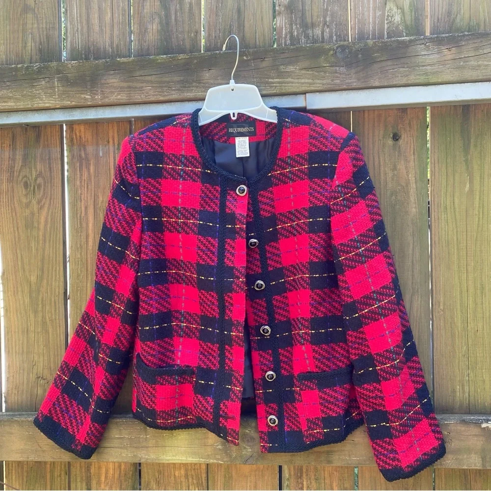 Vintage Requirements red black boucle long sleeve plaid jacket 80s - Picture 1 of 10